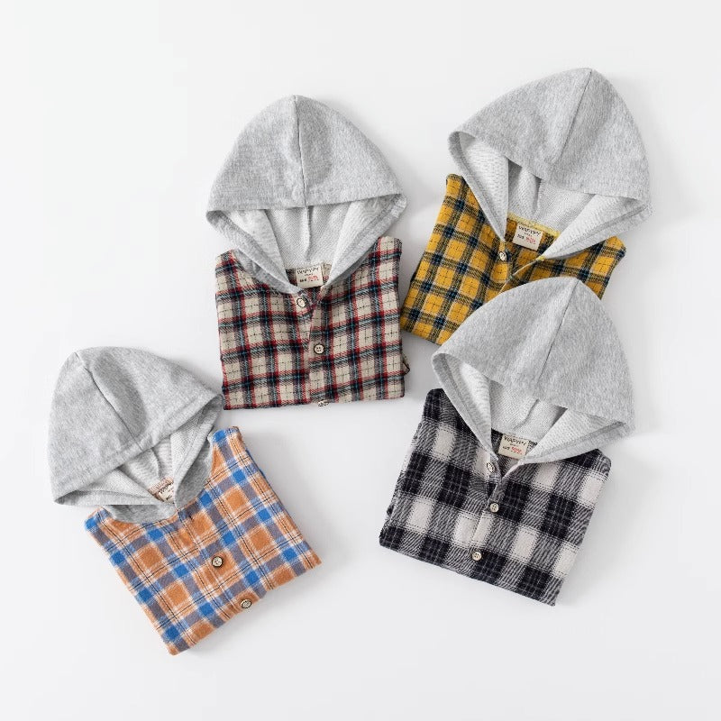Autumn Plaid Long-Sleeved Hooded Baby Boy's Shirt - Harmony Gallery