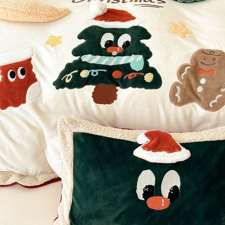 Christmas Tree Cartoon Thickened Warm Four-Piece Coral Velvet Bed Set - Harmony Gallery