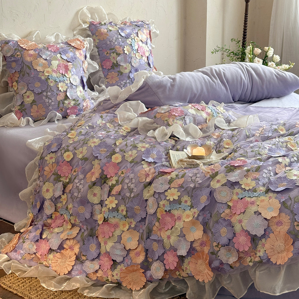 French Ruffled Winter Thickened Coral Fleece Warm Four-Piece Bed Set - Harmony Gallery