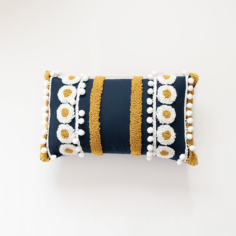 Nautical Charm Gold Accent Textured Throw Pillows with Pom-Pom Details - Harmony Gallery