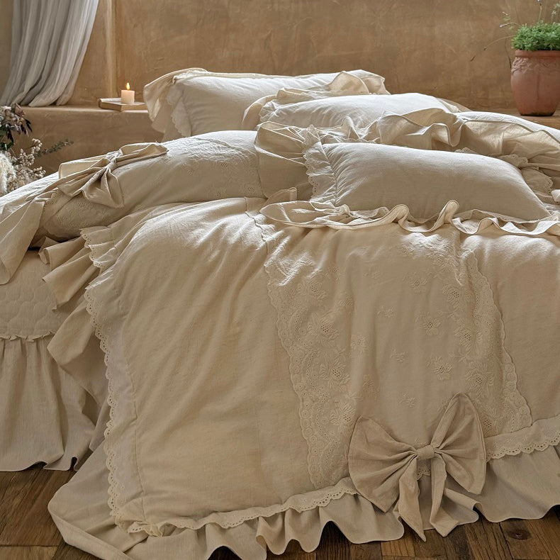 French Retro Romantic Cotton And Linen Blend Four-Piece Lace Trim Bow Bed Set - Harmony Gallery