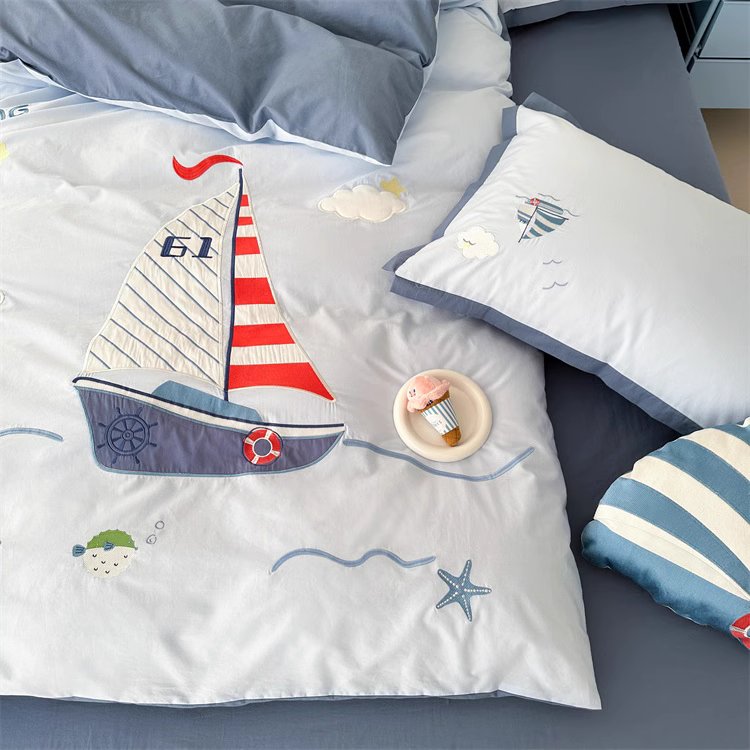 Cartoon Sailing Ship Washed Four-Piece Boys Pure Cotton Bed Set - Harmony Gallery