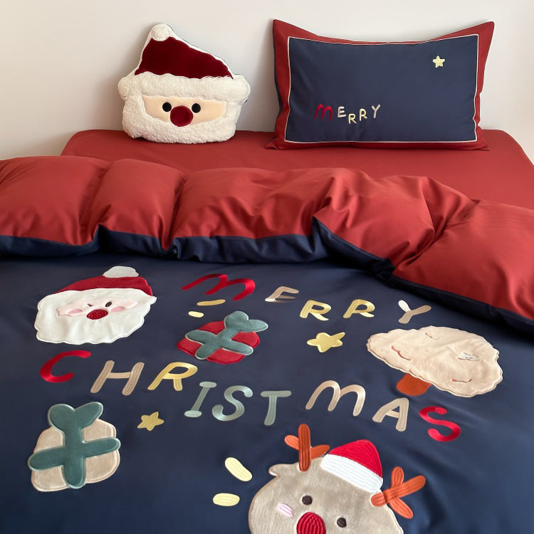 Winter Santa Claus Thickened All-Cotton Brushed Warm Four-Piece Bed Set - Harmony Gallery