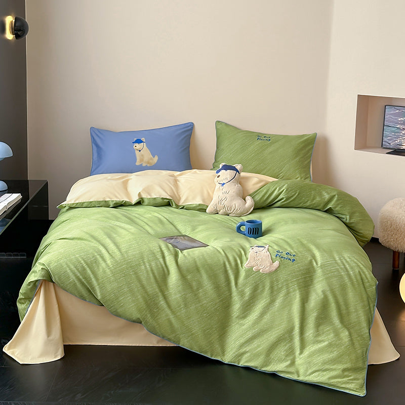 Cartoon Cute Green Puppy Pure Cotton Skin-Friendly Four-Piece Bed Set - Harmony Gallery