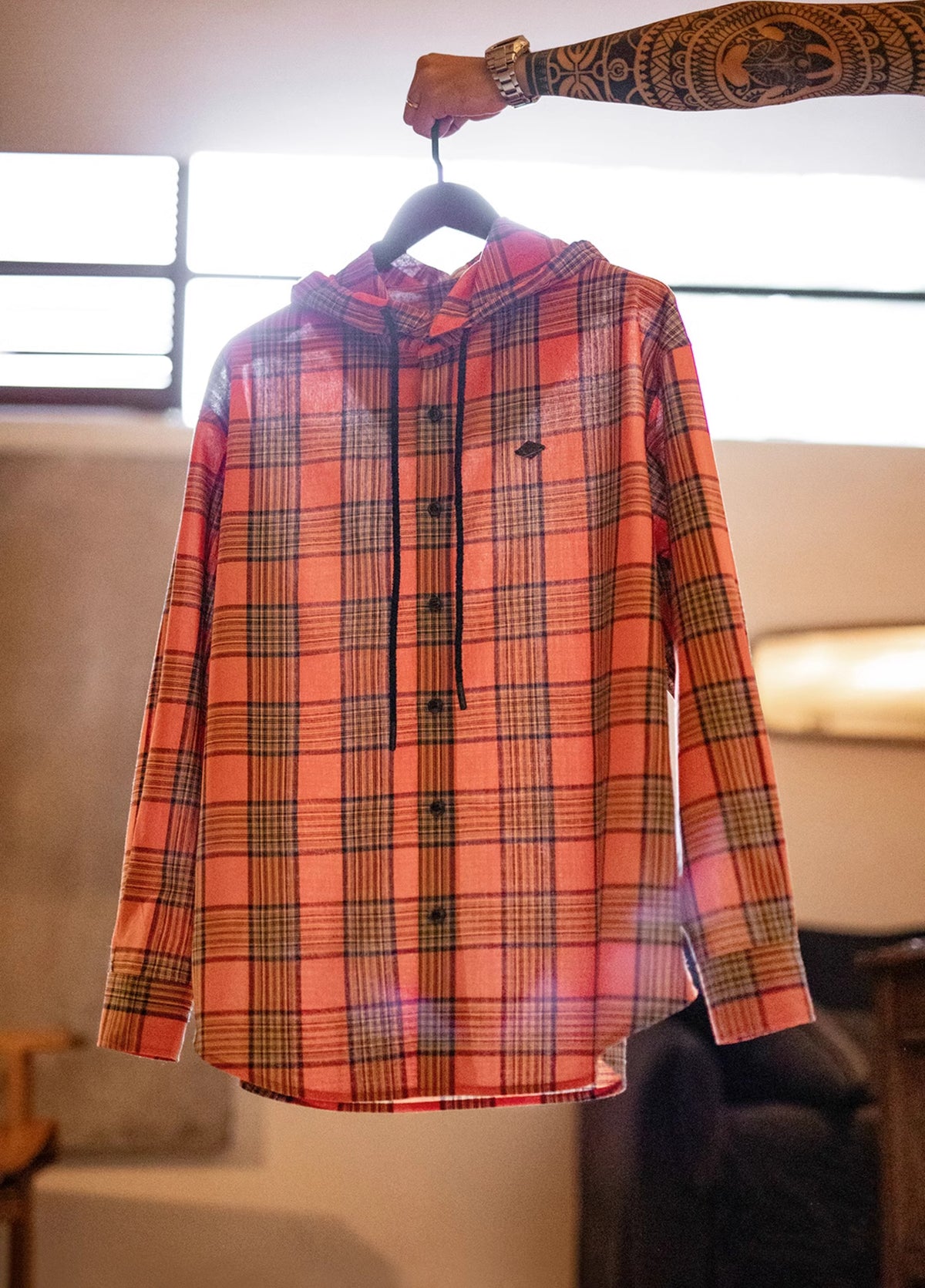 American Retro Casual Yarn-Dyed Orange Hooded Plaid Loose Men's Shirt - Harmony Gallery