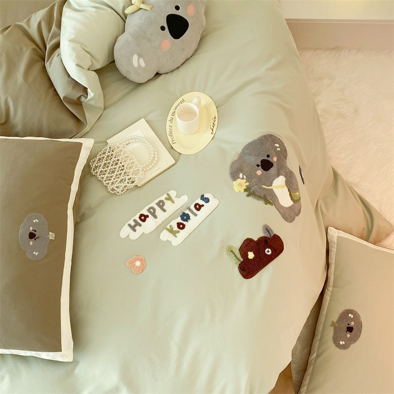 Cartoon Cute Little Koala Brushed Pure Cotton Thickened Four-Piece Bed Set - Harmony Gallery