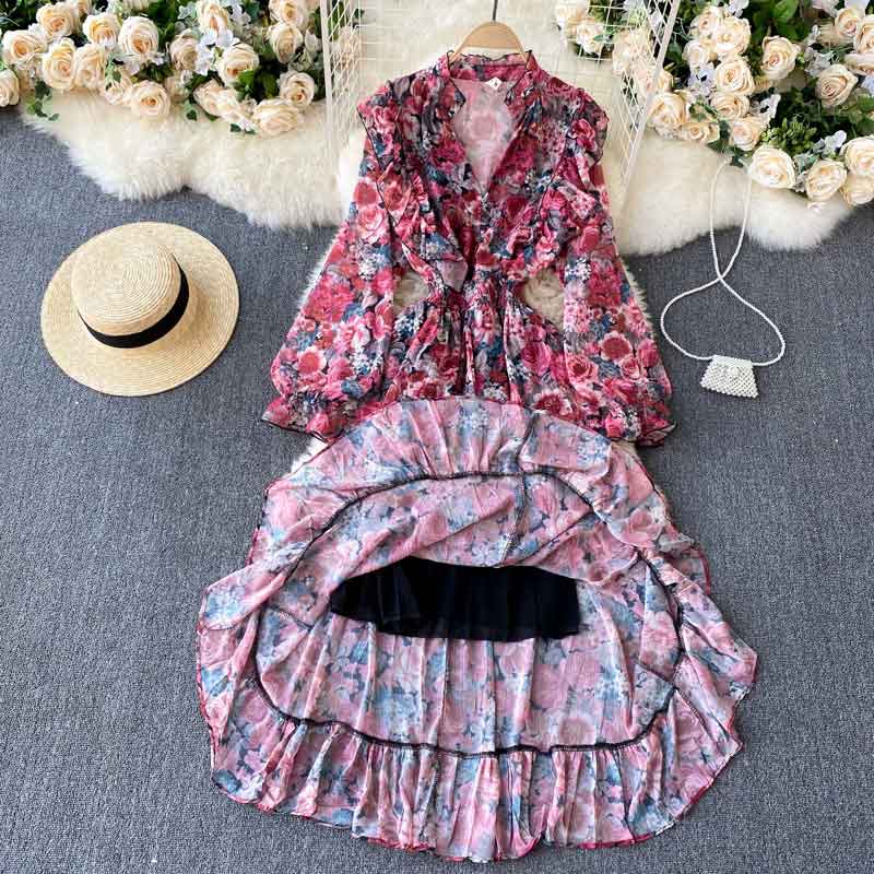 Printed Long Skirt Ruffled Retro Printed Women's Dress - Harmony Gallery