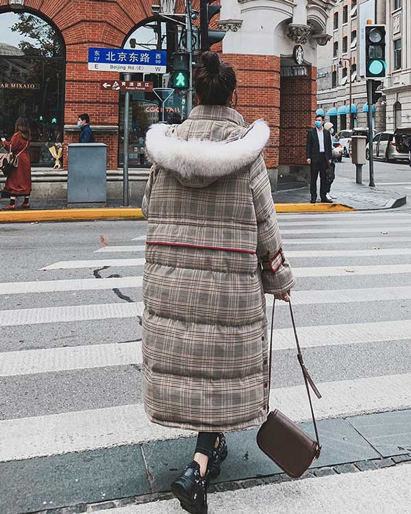 Plaid Mid-Length Quilted Padded Puffer Winter Women's Coat - Harmony Gallery