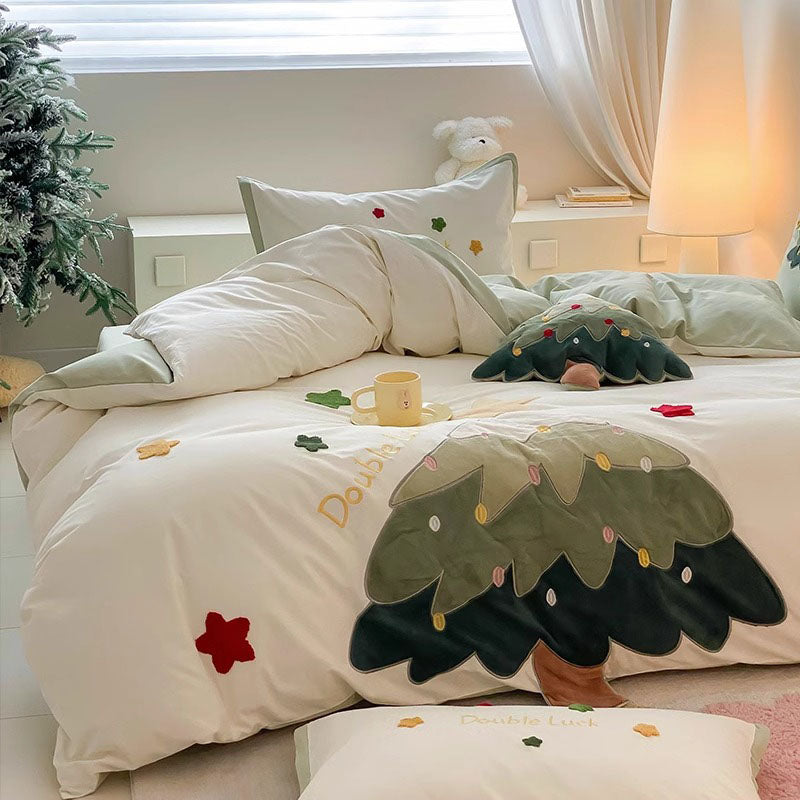Wish Tree Brushed Towel Embroidered Cotton Warm Four-Piece Bed Set - Harmony Gallery