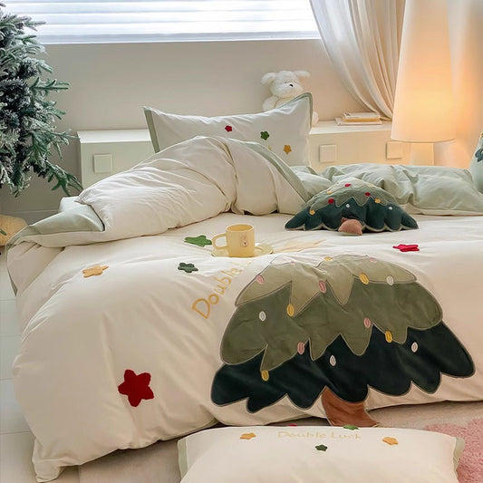 Wish Tree Brushed Towel Embroidered Cotton Warm Four-Piece Bed Set - Harmony Gallery