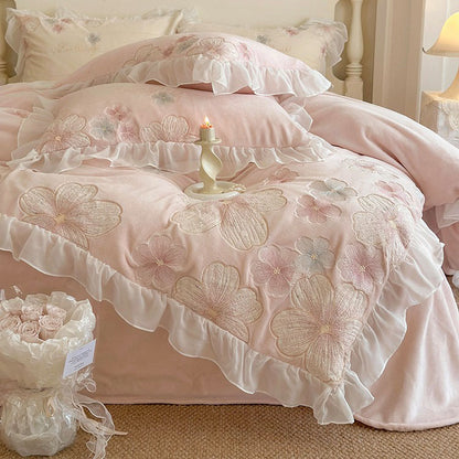 Girly Heart Floral Embroidery Winter Velvet Warm Four-Piece Bed Set - Harmony Gallery