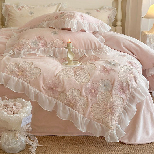 Girly Heart Floral Embroidery Winter Velvet Warm Four-Piece Bed Set - Harmony Gallery
