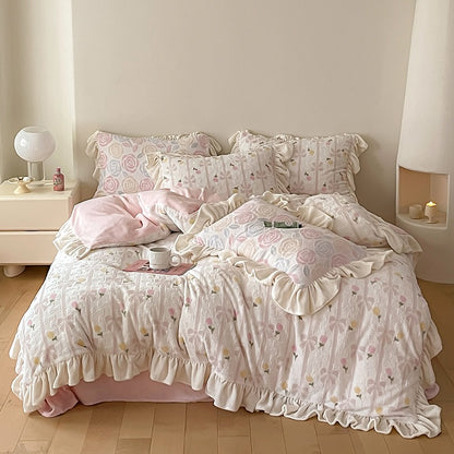 Princess Lace Warm Double-Sided Coral Velvet Four-Piece Bed Set - Harmony Gallery