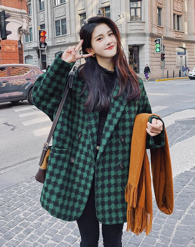 British Green Houndstooth Woolen Hot mid-length Women's Coat - Harmony Gallery