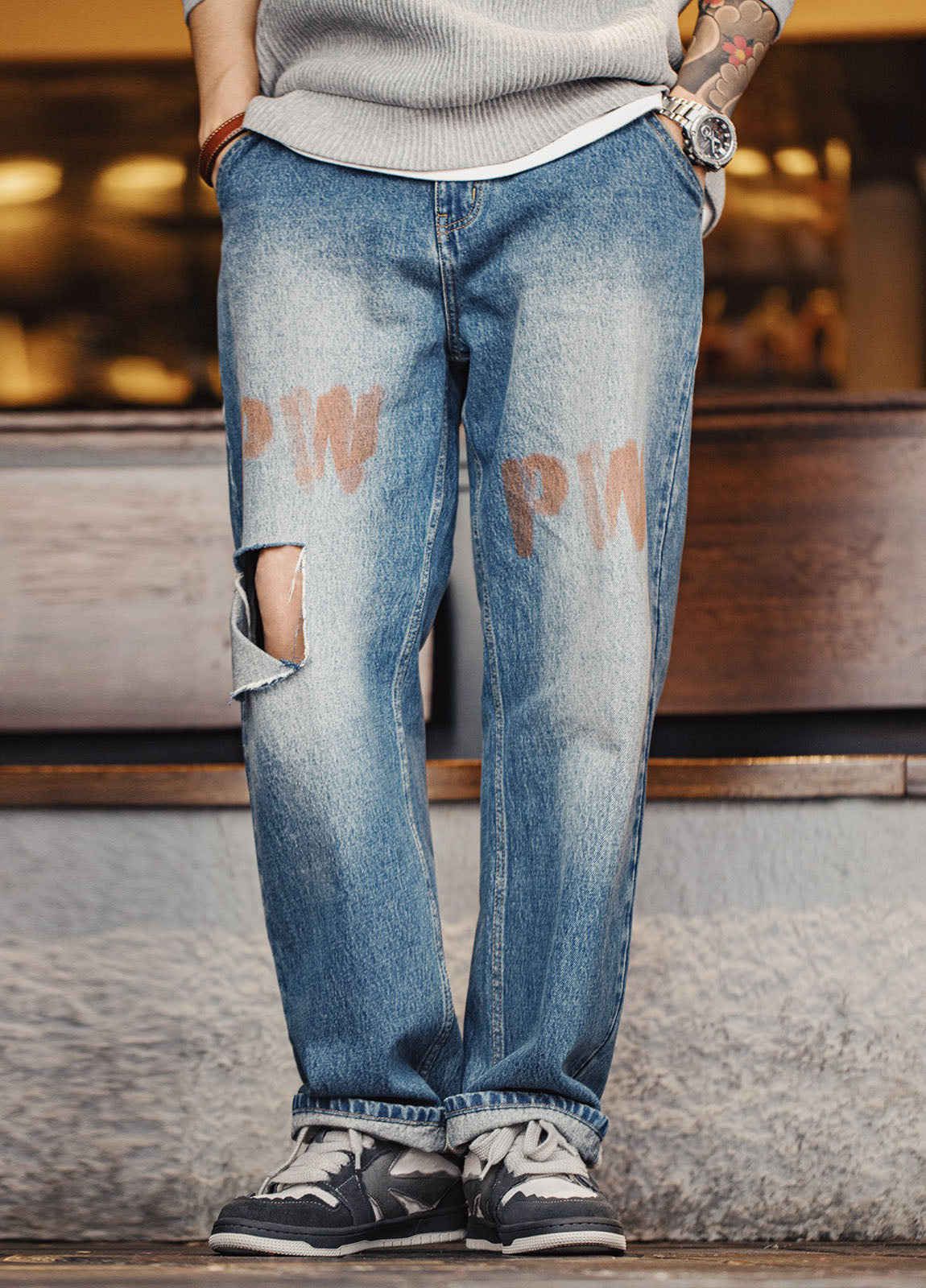 American Retro Destroyed Vibe Hole Washed Denim Men's Jeans - Harmony Gallery