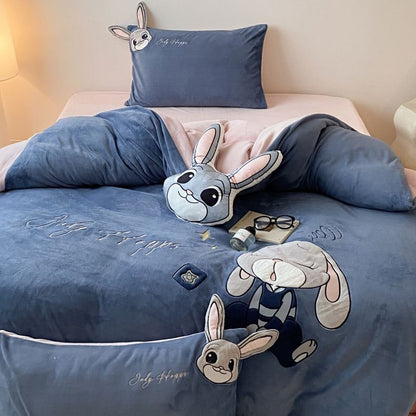 Rabbit Police Disney Four-piece Cartoon Winter Velvet Bed Set - Harmony Gallery