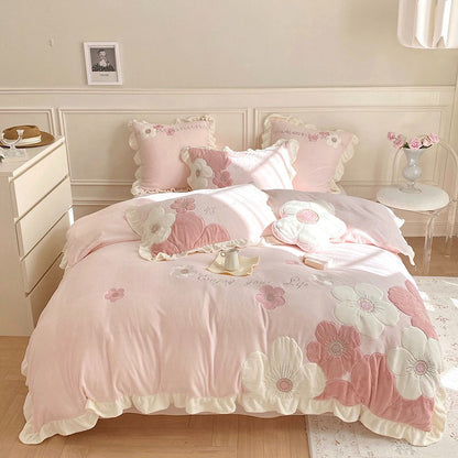 Princess Girly Heart Sunflower Warm Velvet Winter Four-Piece Bed Set - Harmony Gallery