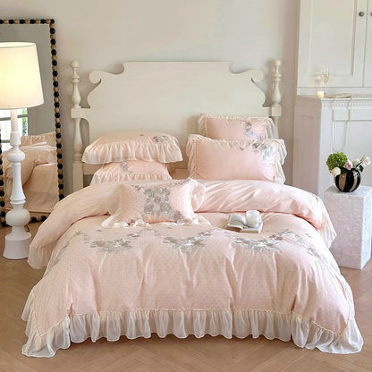 French Princess Cotton Floral Embroidery And Ruffles Four-Piece Bed Set - Harmony Gallery
