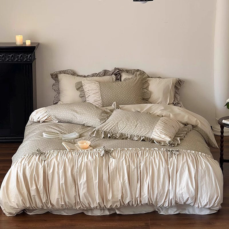 French Floral Princess Pure Cotton Pleated Skirt Four-Piece Bed Set - Harmony Gallery