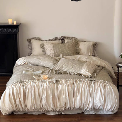 French Floral Princess Pure Cotton Pleated Skirt Four-Piece Bed Set - Harmony Gallery