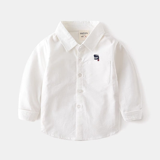 Spring and Autumn Plaid White Cotton Embroidery Dinosaur Boy's Shirt - Harmony Gallery