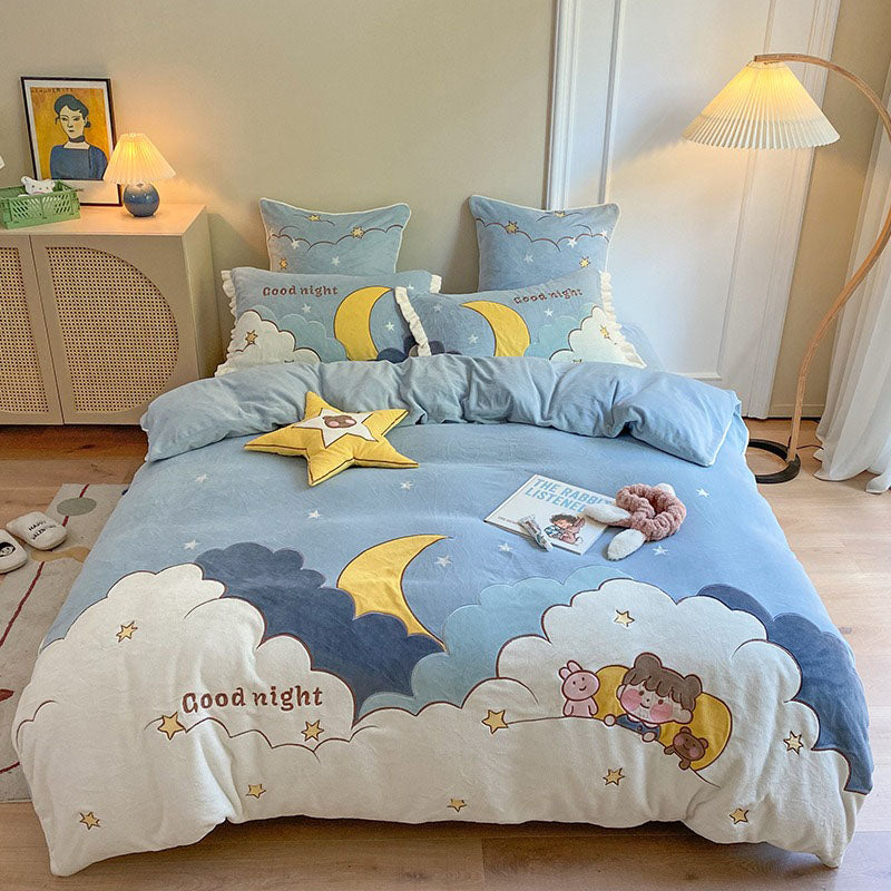 Cute Cartoon four-piece winter Coral Velvet Winter Four-Piece Bed Set - Harmony Gallery