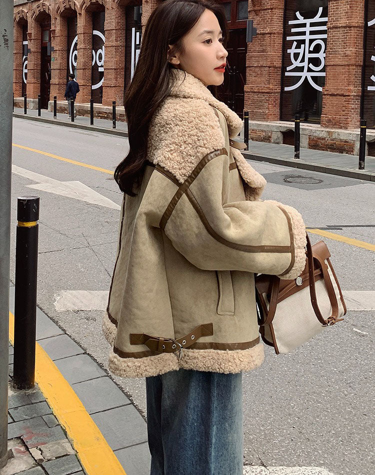 Lamb Wool Cotton Fur One-Piece Short Winter Suede Women's Coat - Harmony Gallery
