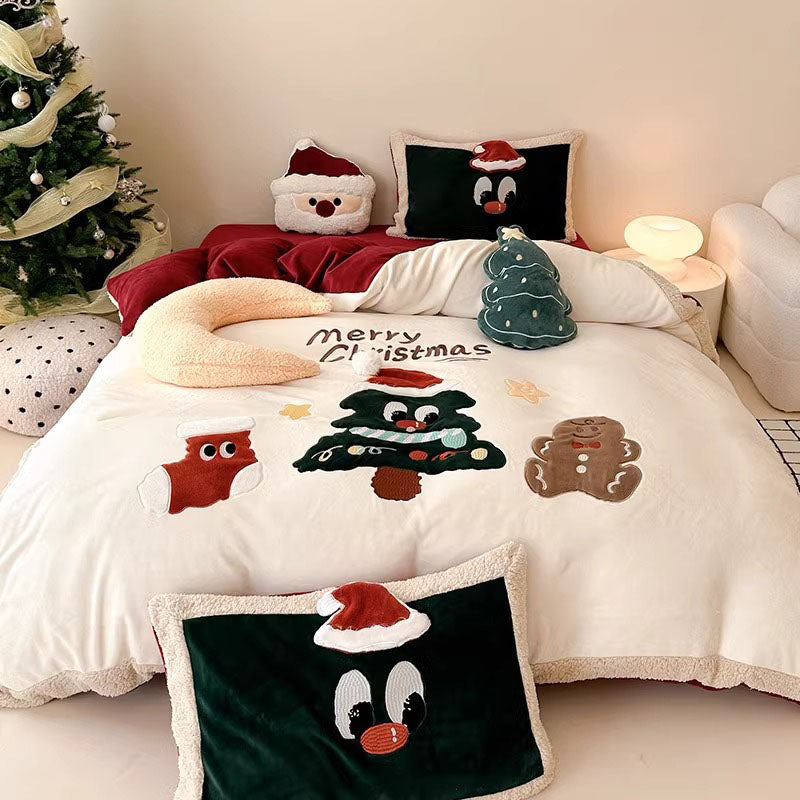 Christmas Tree Cartoon Thickened Warm Four-Piece Coral Velvet Bed Set - Harmony Gallery