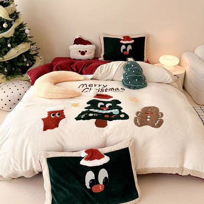 Christmas Tree Cartoon Thickened Warm Four-Piece Coral Velvet Bed Set - Harmony Gallery