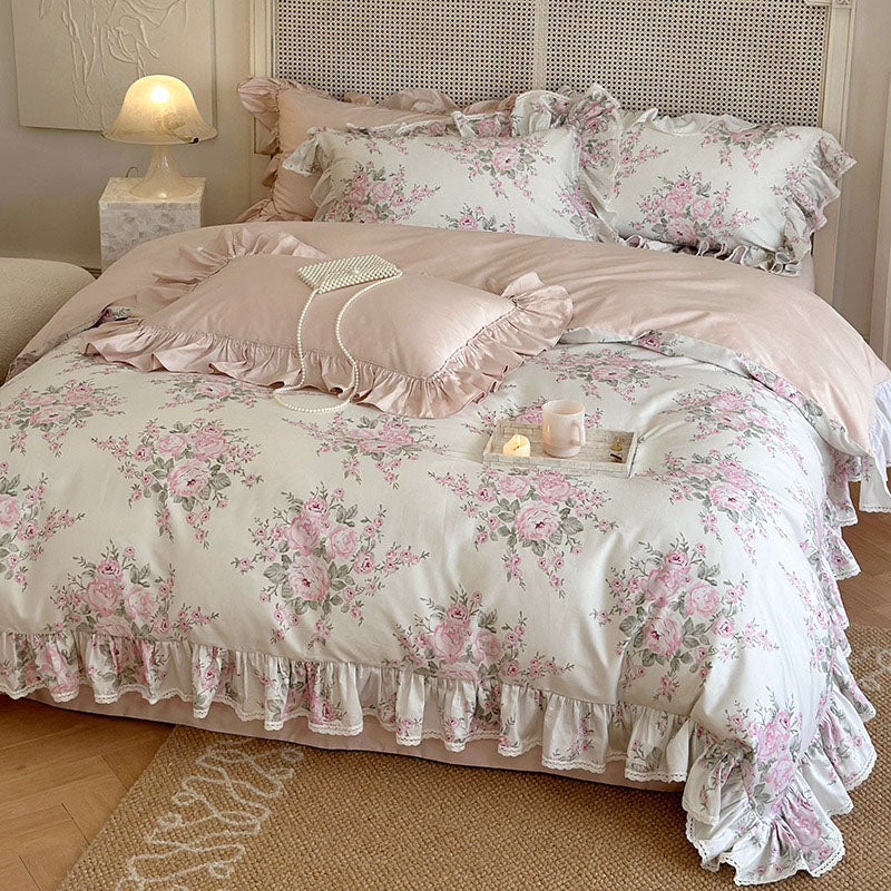 Princess Romantic Pure Cotton Lotus Leaf Lace Four-Piece Bed Set - Harmony Gallery