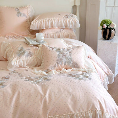 French Princess Cotton Floral Embroidery And Ruffles Four-Piece Bed Set - Harmony Gallery