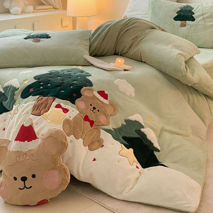 Christmas And Winter Four-Piece Coral Velvet Cute Cartoon Bed Set - Harmony Gallery