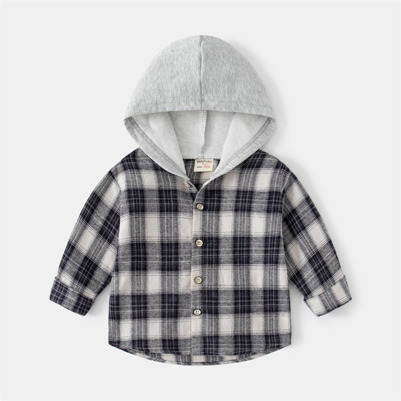 Autumn Plaid Long-Sleeved Hooded Baby Boy's Shirt - Harmony Gallery
