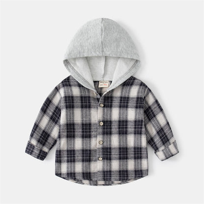 Autumn Plaid Long-Sleeved Hooded Baby Boy's Shirt - Harmony Gallery
