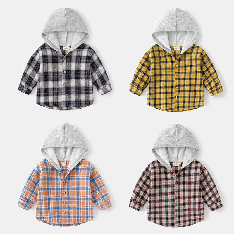 Autumn Plaid Long-Sleeved Hooded Baby Boy's Shirt - Harmony Gallery