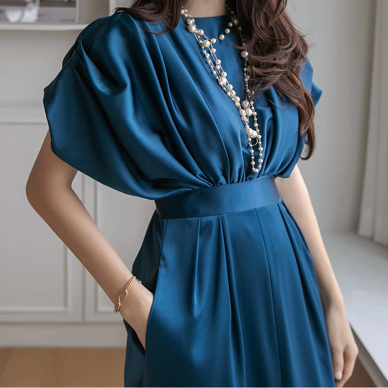 Chic Teal Dolman Sleeve Satin Midi Dress with Waist Belt - Harmony Gallery