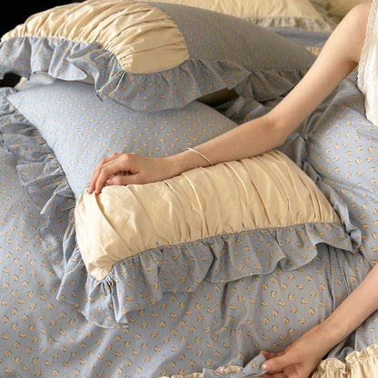 French Floral Princess Pure Cotton Pleated Skirt Four-Piece Bed Set - Harmony Gallery
