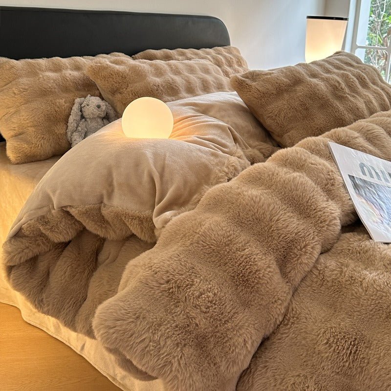 Rabbit Winter Warm Coral Flannel Velvet Four-Piece Bed Set - Harmony Gallery