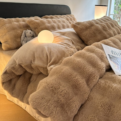 Rabbit Winter Warm Coral Flannel Velvet Four-Piece Bed Set - Harmony Gallery