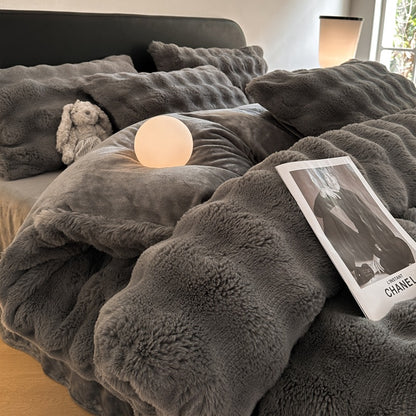 Rabbit Winter Warm Coral Flannel Velvet Four-Piece Bed Set - Harmony Gallery
