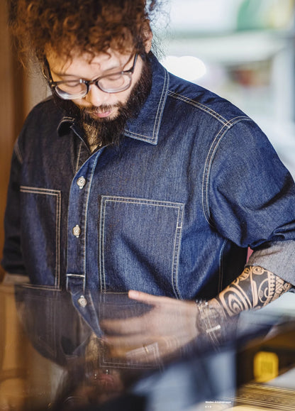 American Retro Workwear Half-Cardigan Denim Men's Sweater - Harmony Gallery