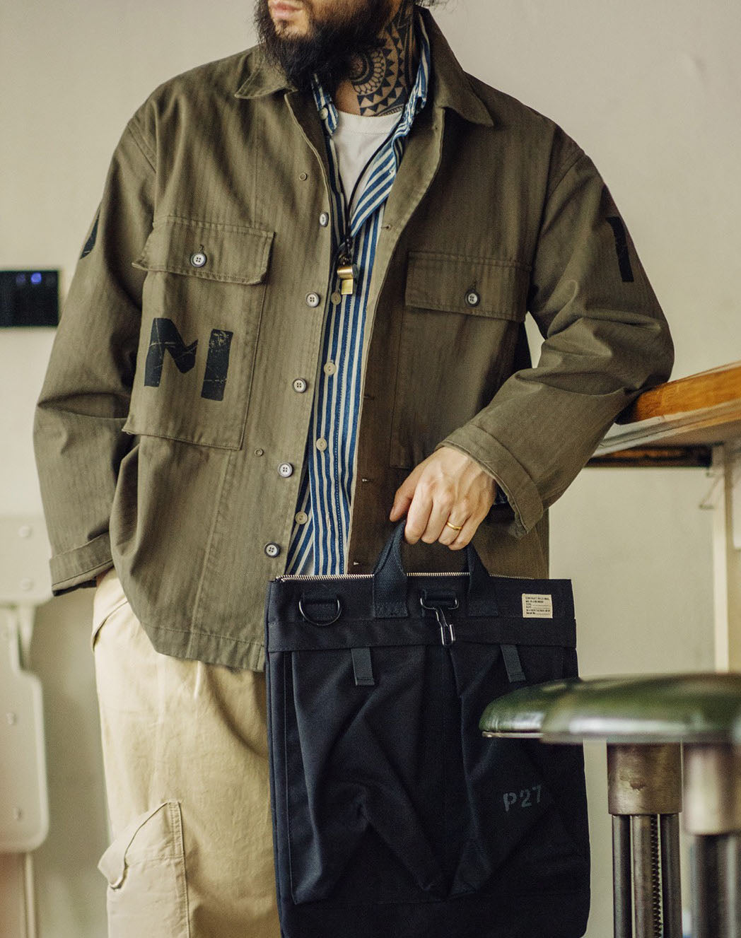 American Retro HBT Herringbone Military Letter Graffiti Men's Jacket - Harmony Gallery