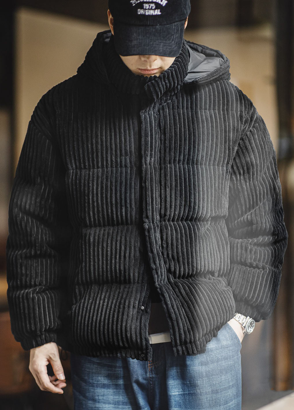 American Retro Corduroy Down Hooded Detachable Warm Men's Jacket - Harmony Gallery