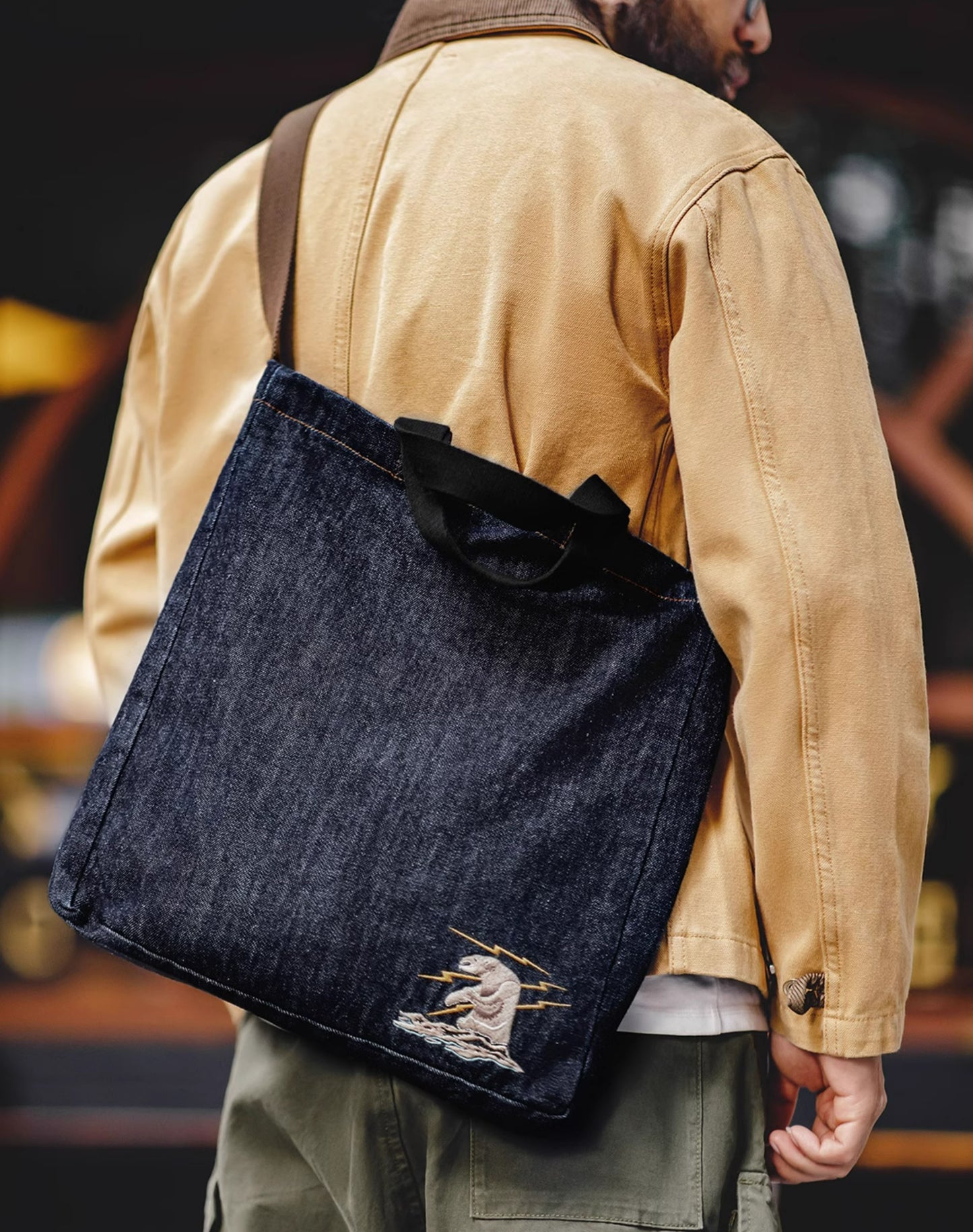 American Retro Denim One-Shoulder Crossbody Embroidered Men's Bag - Harmony Gallery