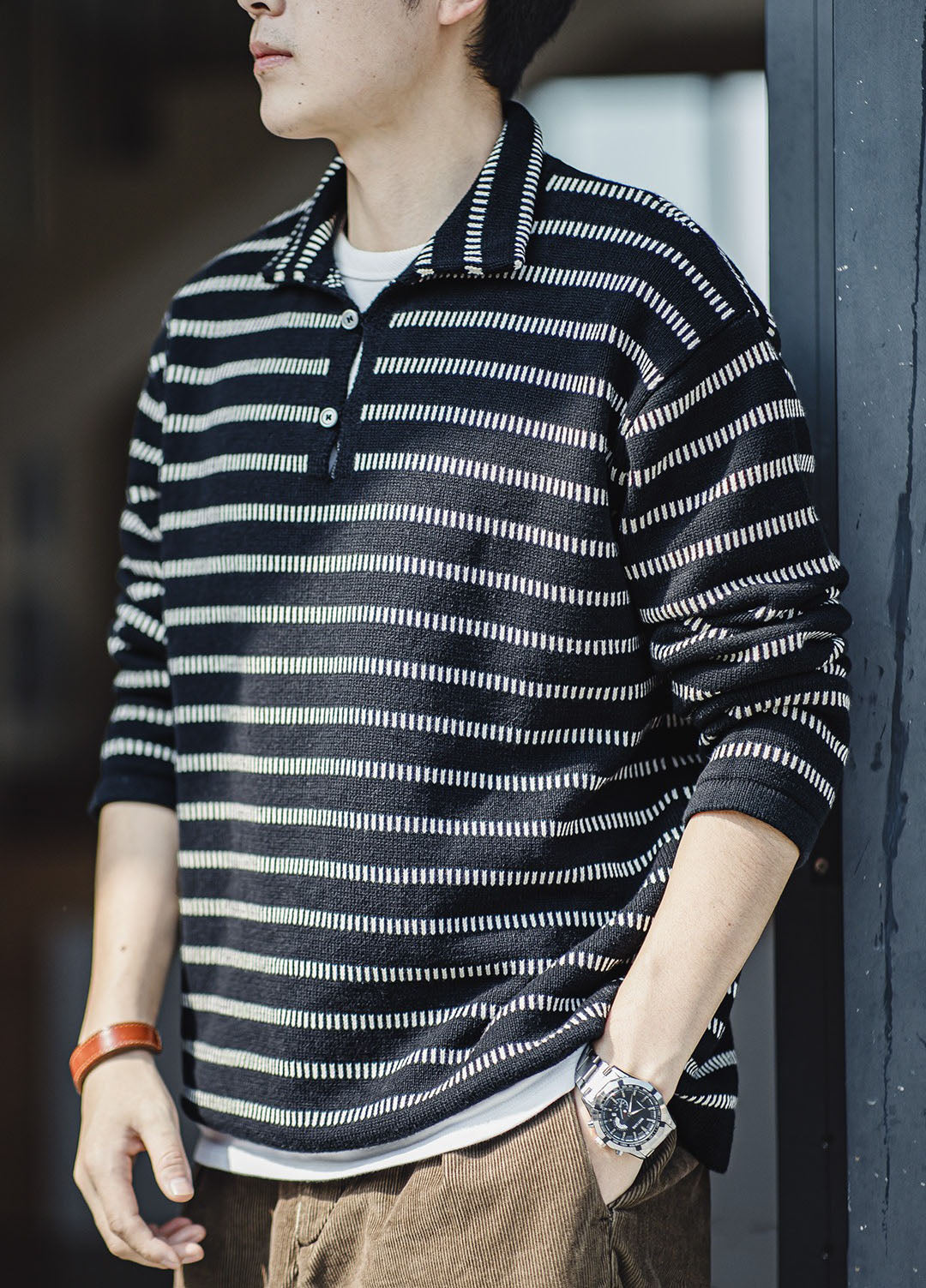 American Striped Knitted Polo Contrast Color Pullover Men's Sweater - Harmony Gallery