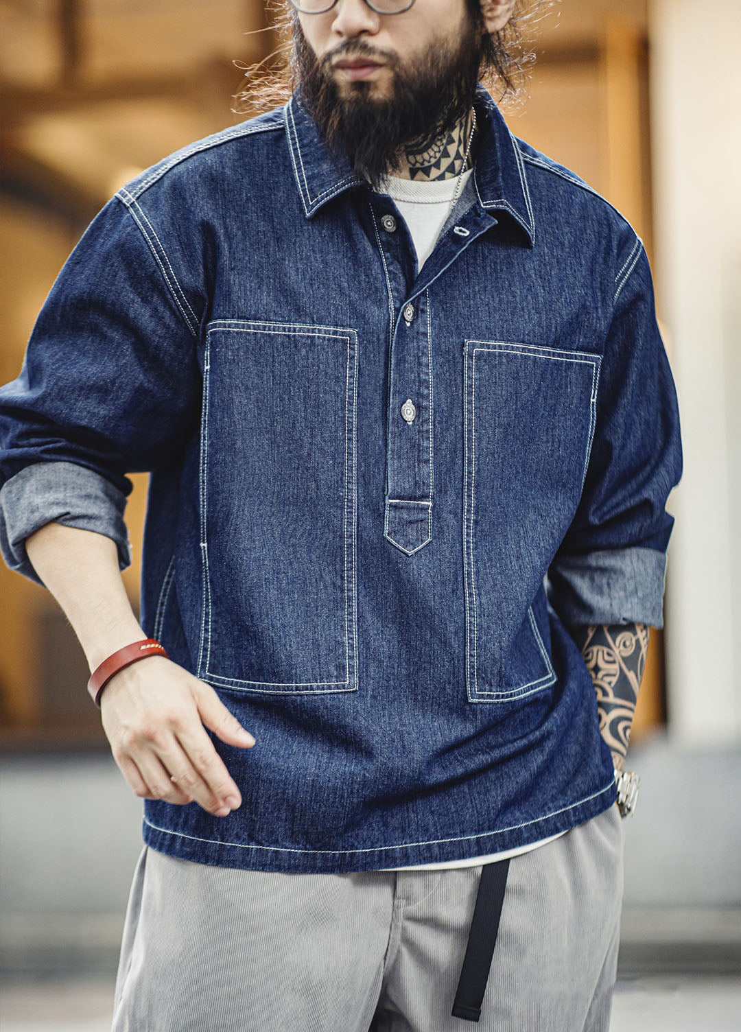 American Retro Workwear Half-Cardigan Denim Men's Sweater - Harmony Gallery