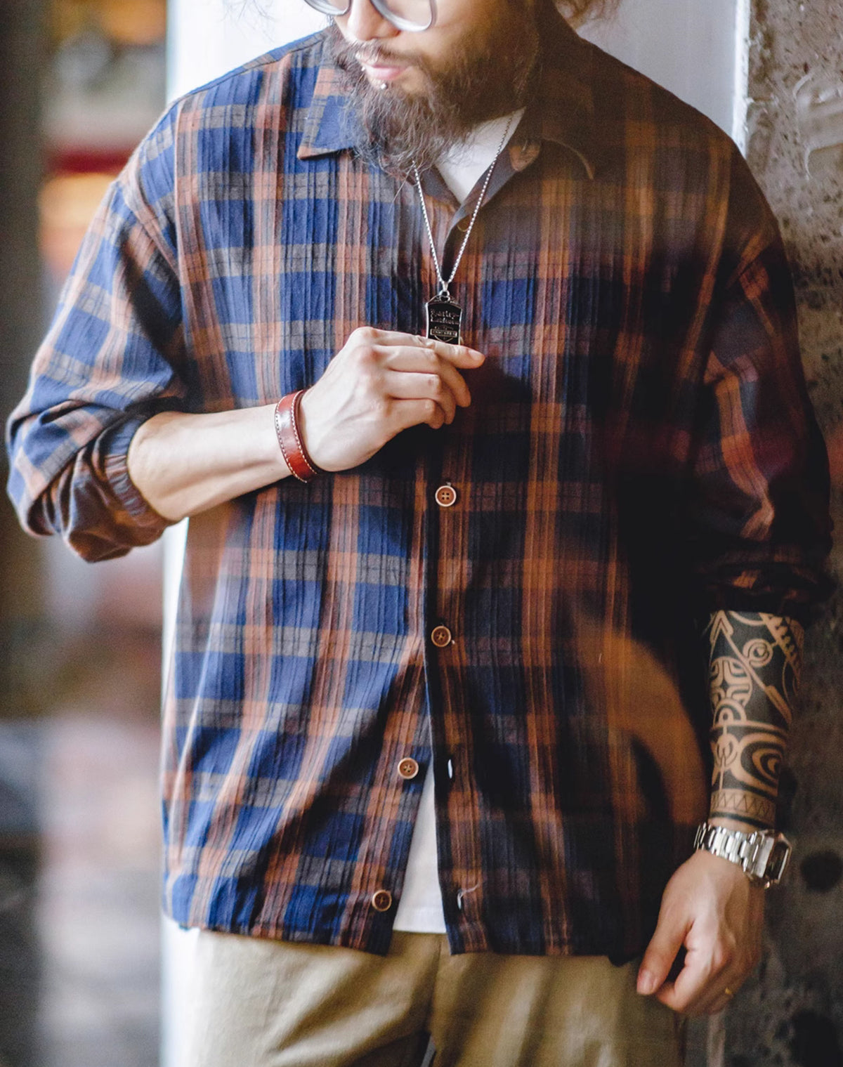 American Retro Plaid Texture Sense Drawstring Loose Men's Shirt - Harmony Gallery