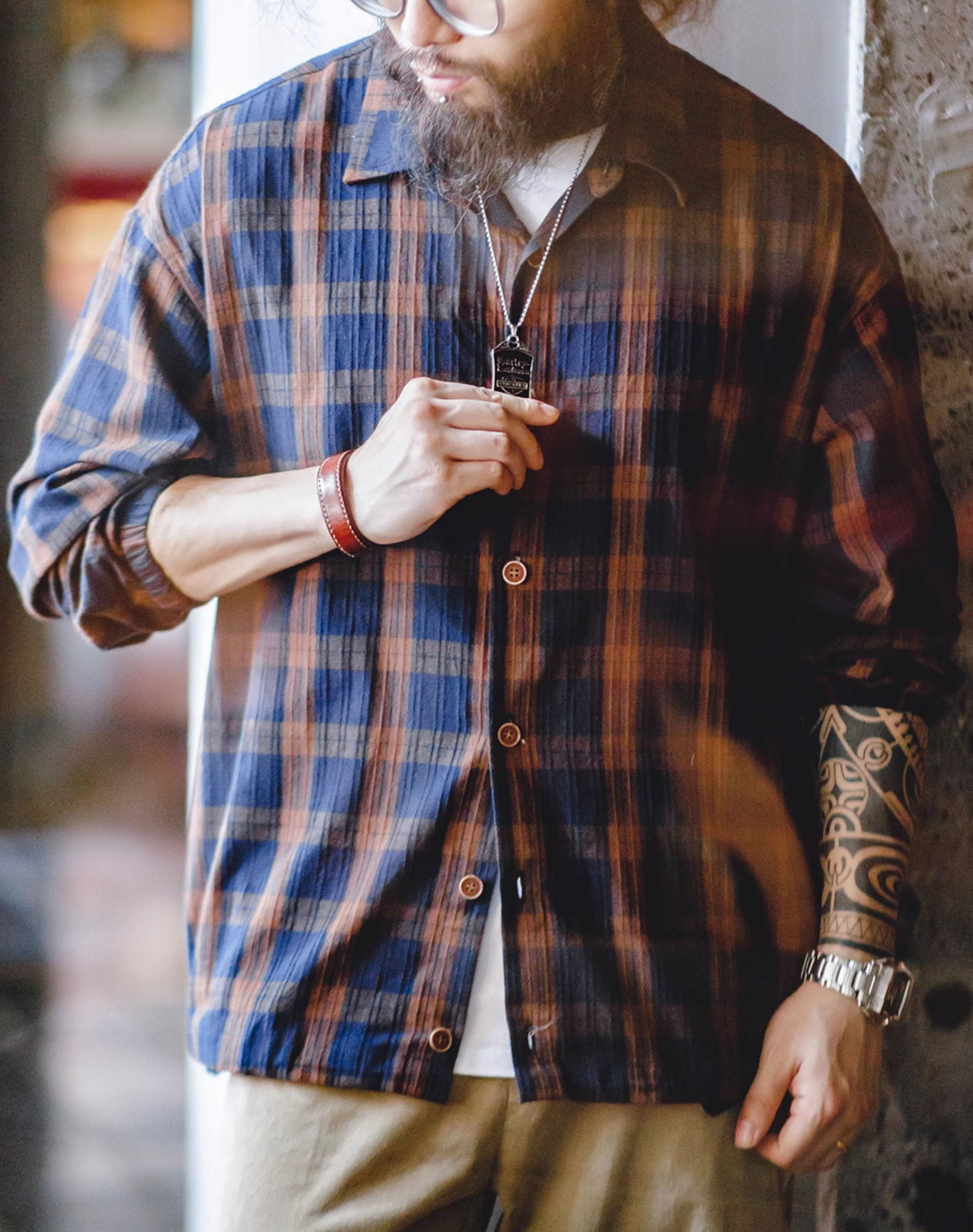 American Retro Plaid Texture Sense Drawstring Loose Men's Shirt - Harmony Gallery