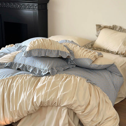 French Floral Princess Pure Cotton Pleated Skirt Four-Piece Bed Set - Harmony Gallery
