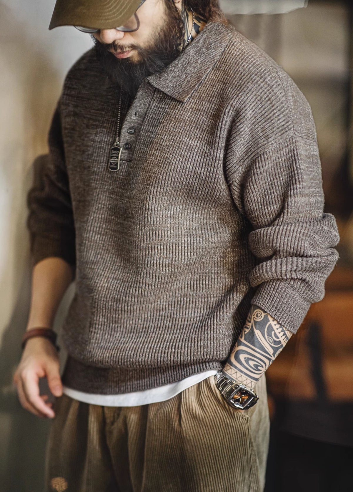 American Retro Knitted Polo Loose Wool Pullover Men's Sweater - Harmony Gallery